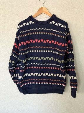 Jantzen Navy Crewneck Sweater SZ L / XL in Navy, Coral, Olive, and Cream Pattern